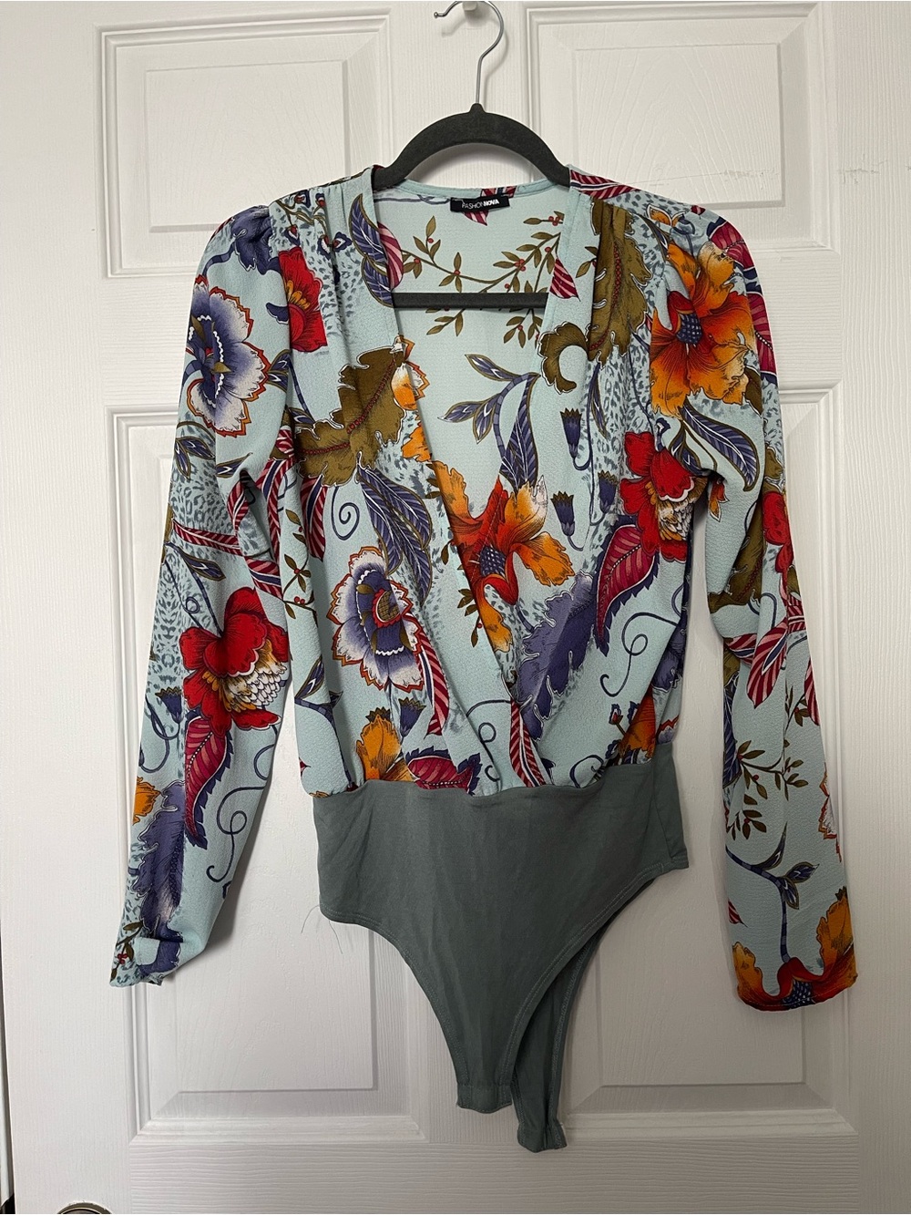 Fashion Nova Floral Wrap-Front Bodysuit in Light Blue with Multicolor Bloom